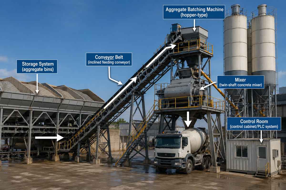 Automatic concrete batching plant material and production workflow Automatic concrete batching plant material and production workflow